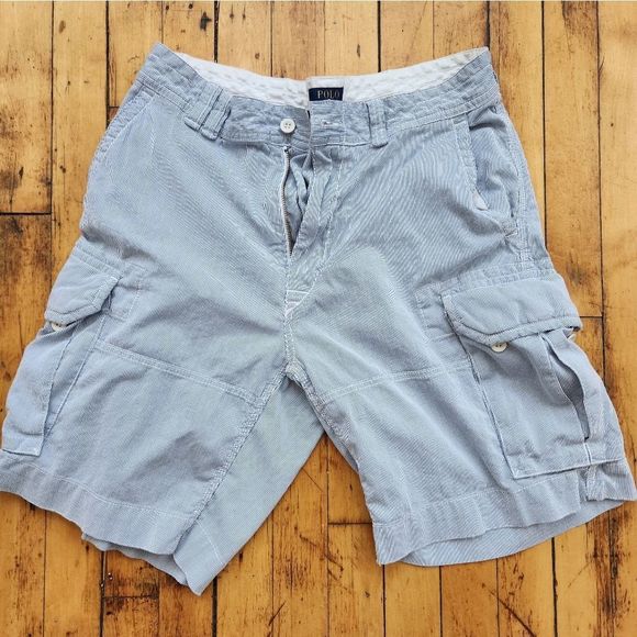 Mens Polo Ralph Lauren Cargo shorts lot of 2 size 36 khaki blue white button fly - Picture 11 of 16